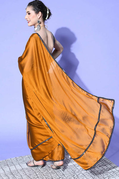 Buy Mustard Georgette Striped One Minute Saree Online - Back