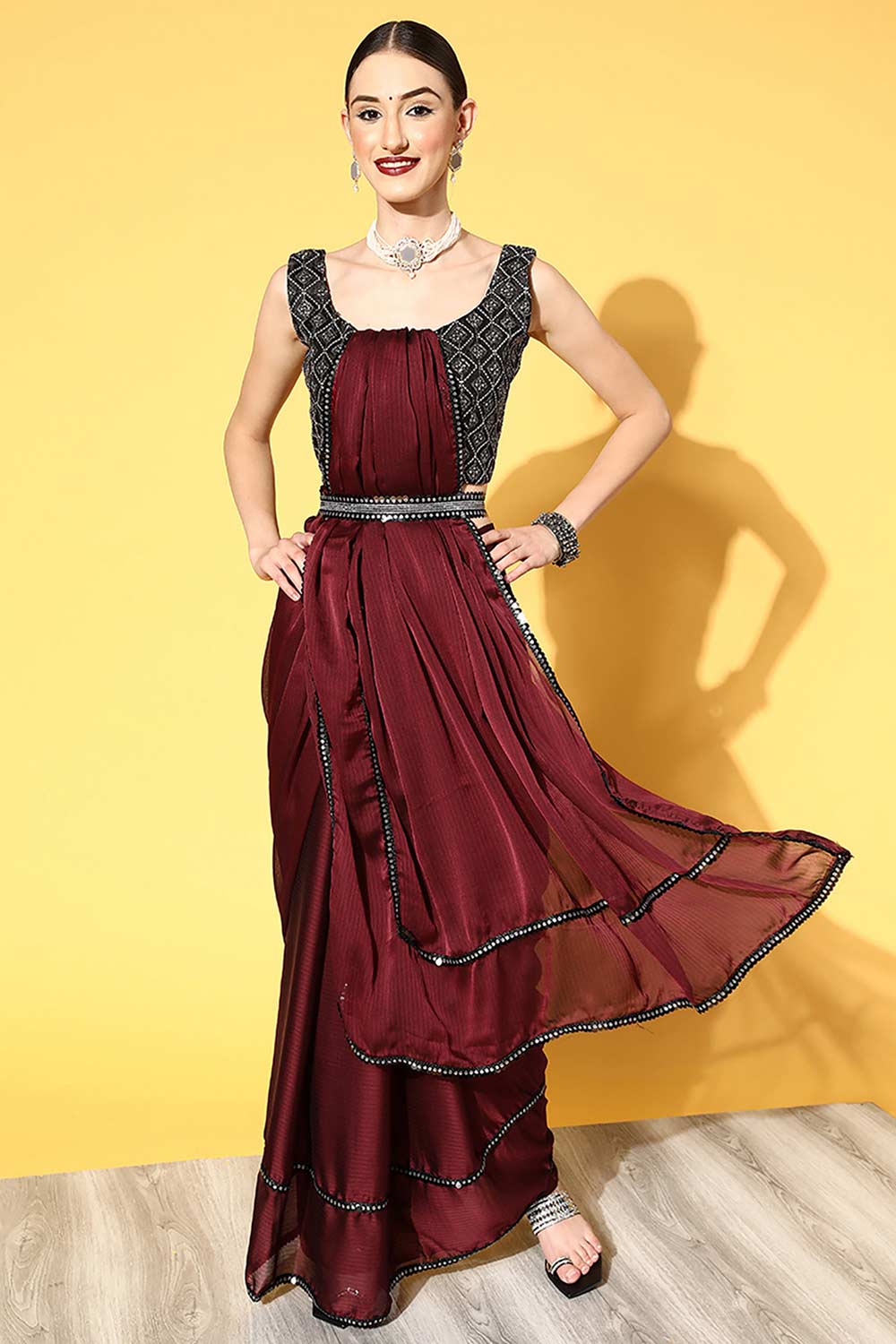 Buy Maroon Georgette Striped One Minute Saree Online