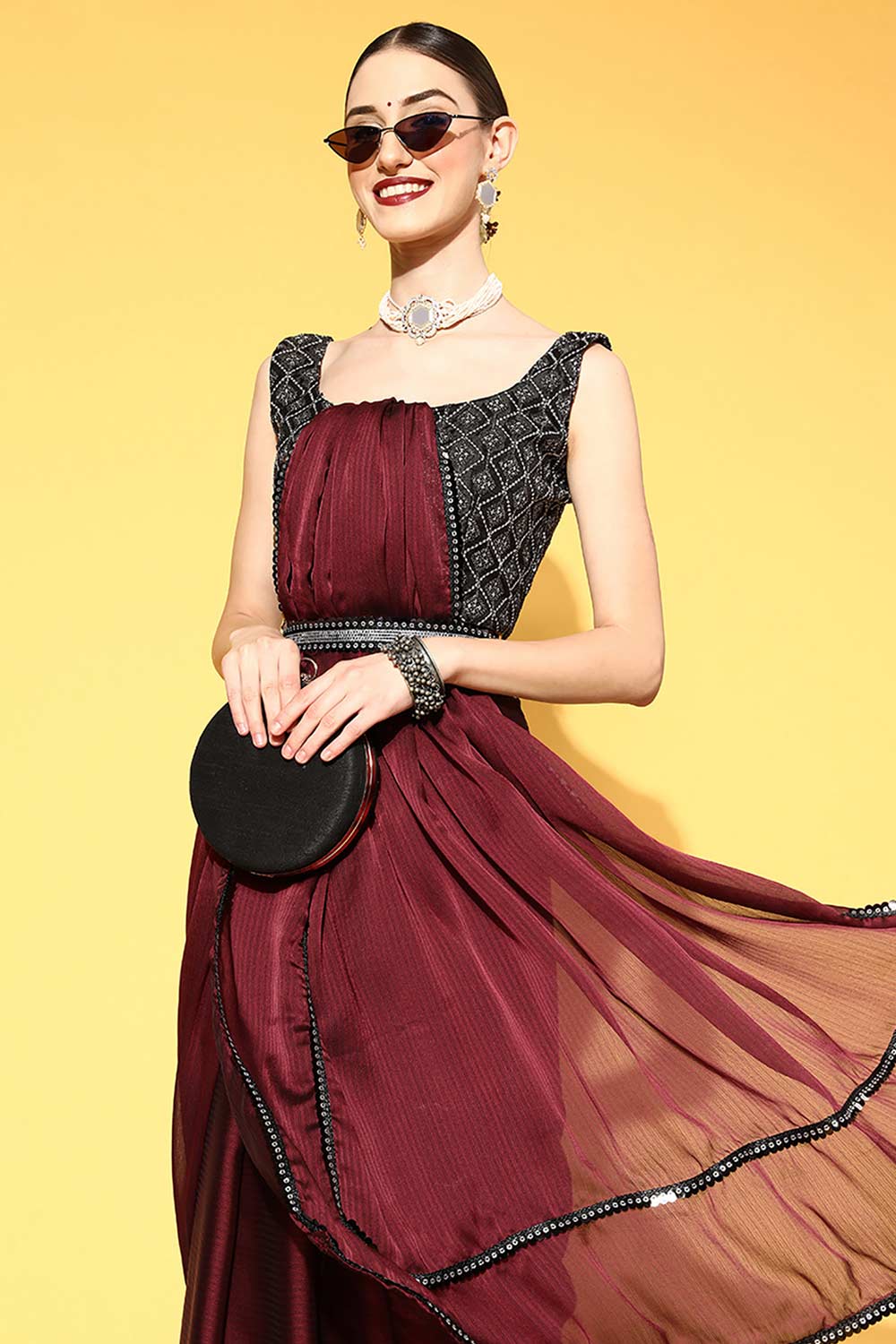 Buy Maroon Georgette Striped One Minute Saree Online - Front