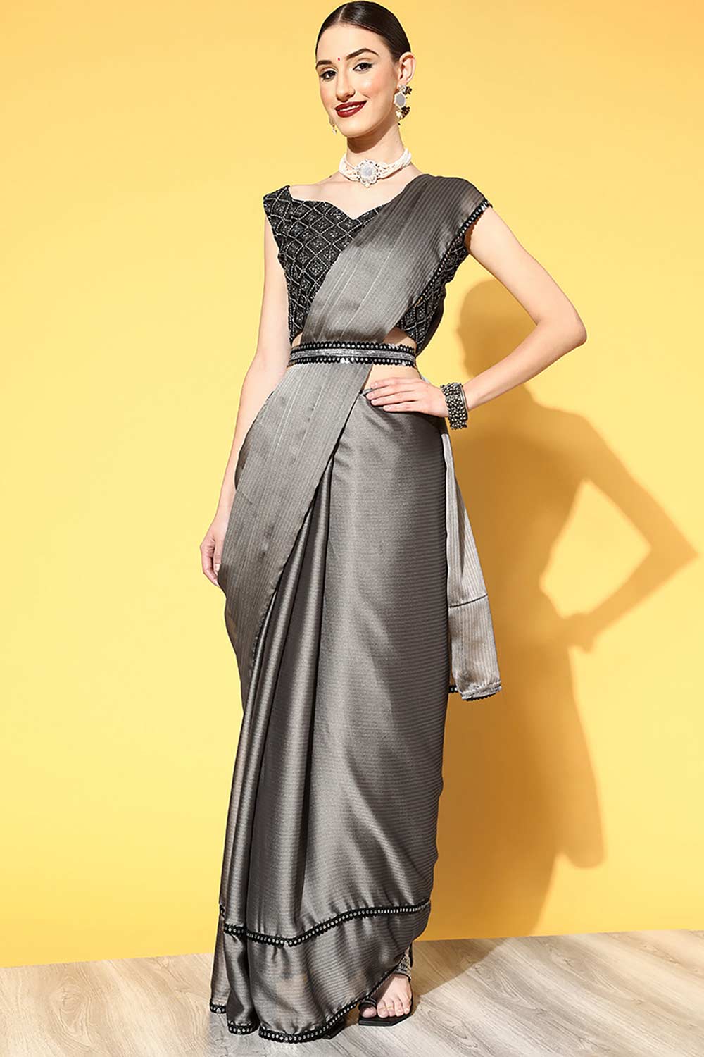 Buy Grey Georgette Striped One Minute Saree Online