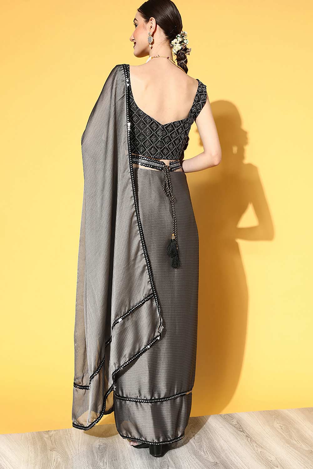 Buy Grey Georgette Striped One Minute Saree Online - Back