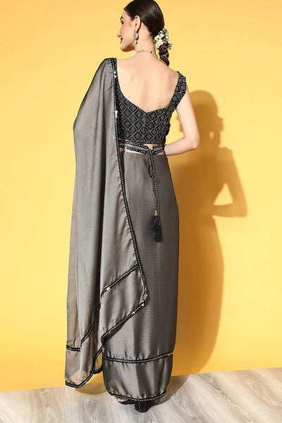 Buy Grey Georgette Striped One Minute Saree Online - Back