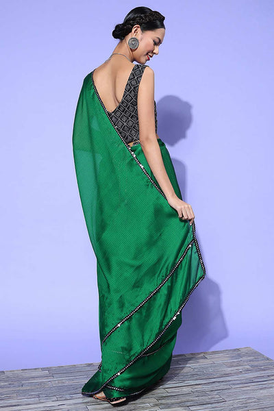 Buy Green Georgette Striped One Minute Saree Online - Back