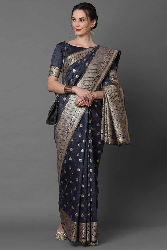 Buy Navy blue Woven Art Silk One Minute Saree