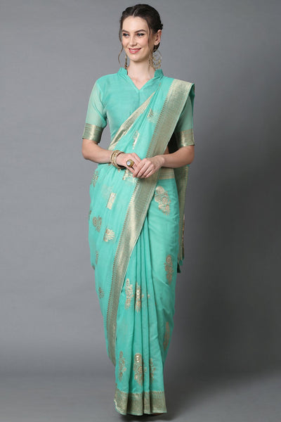 Buy Teal Blue Woven Art Silk One Minute Saree