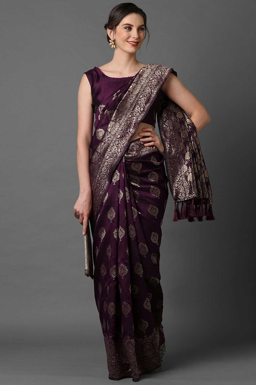 Buy Wine Woven Art Silk One Minute Saree