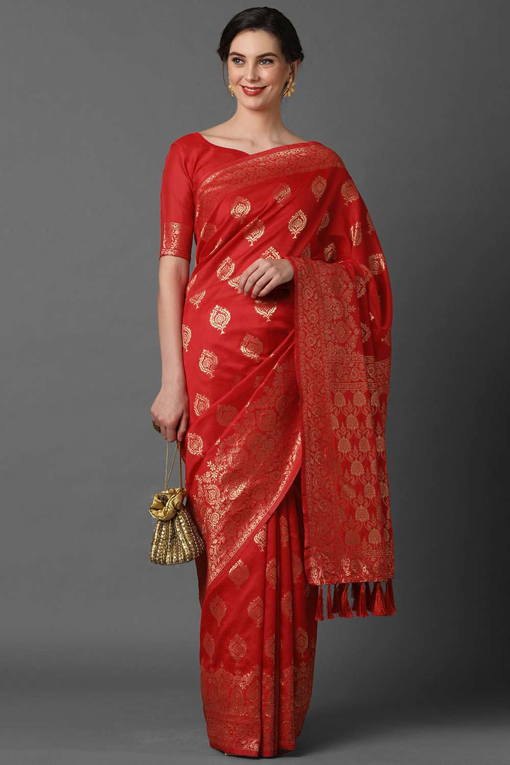 Buy Red Woven Art Silk One Minute Saree