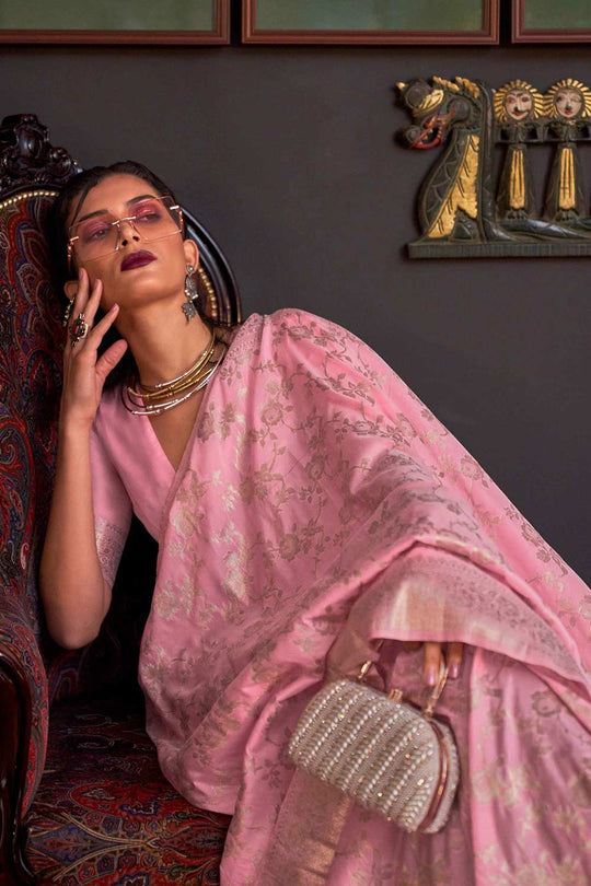 Basma Silk Pink Floral One Minute Saree