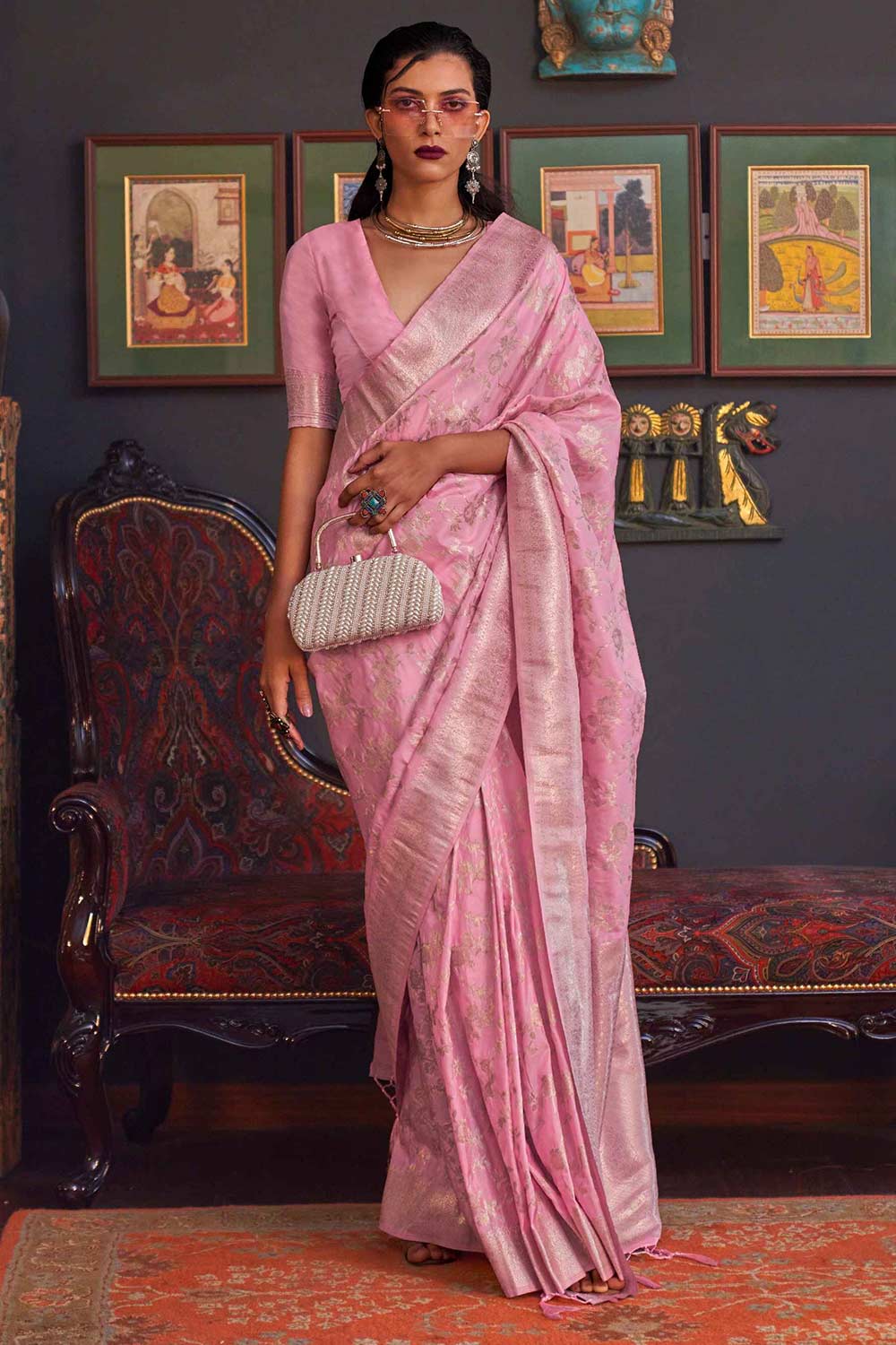 Basma Silk Pink Floral One Minute Saree