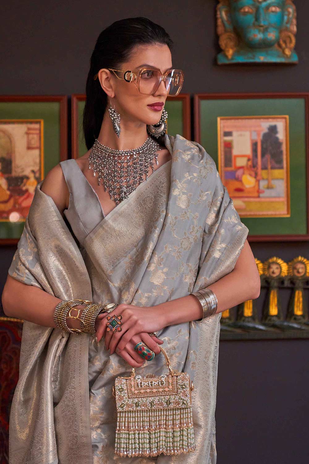 Basma Silk Grey Floral One Minute Saree