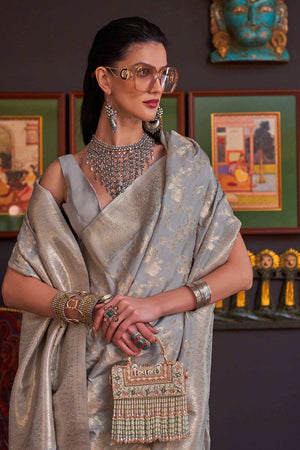 Basma Silk Grey Floral One Minute Saree