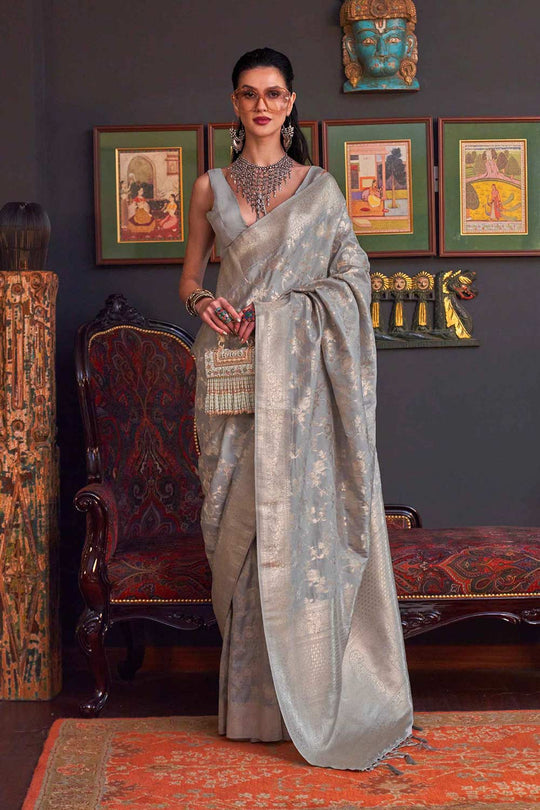 Basma Silk Grey Floral One Minute Saree