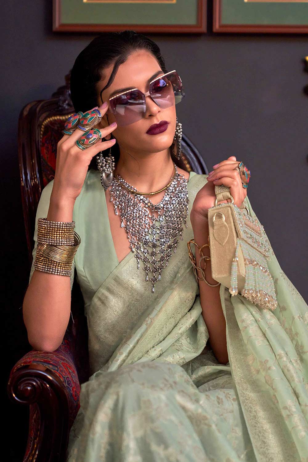 Basma Silk Green Floral One Minute Saree