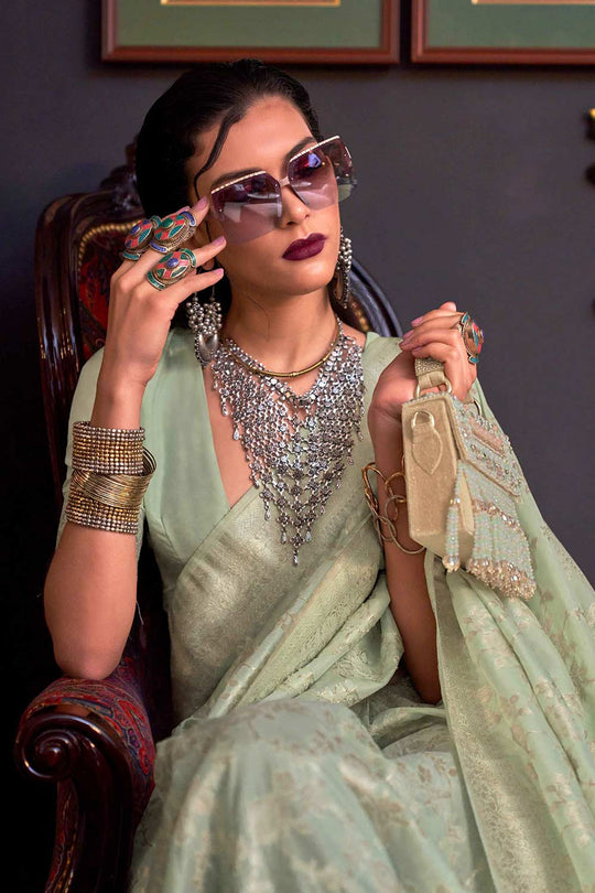 Basma Silk Green Floral One Minute Saree