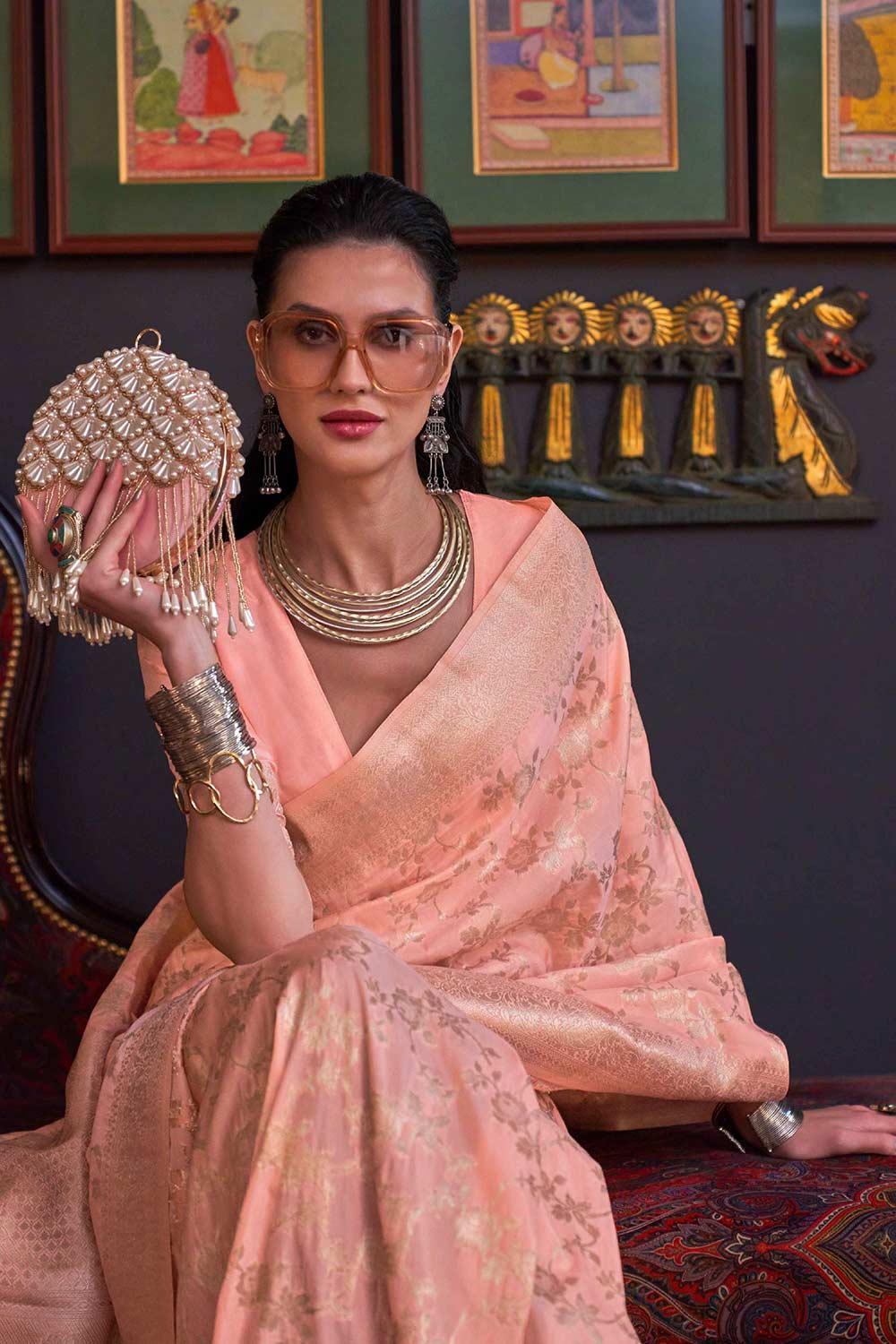 Basma Silk Peach Floral One Minute Saree