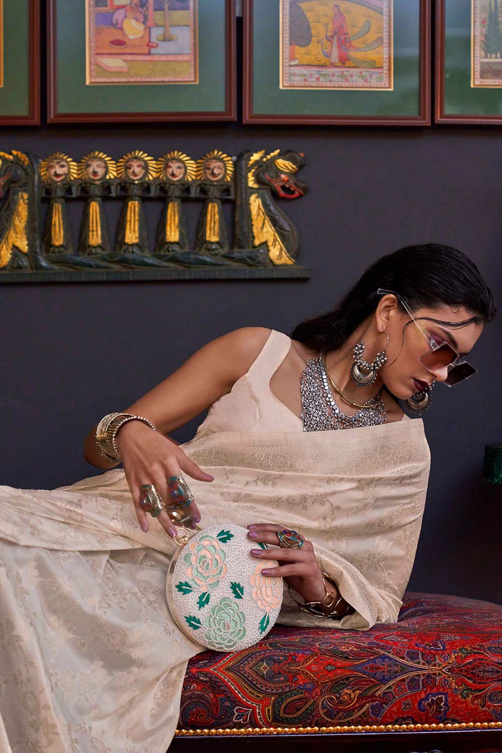 Basma Silk Beige Floral One Minute Saree