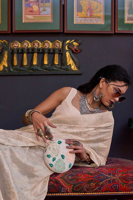Basma Silk Beige Floral One Minute Saree