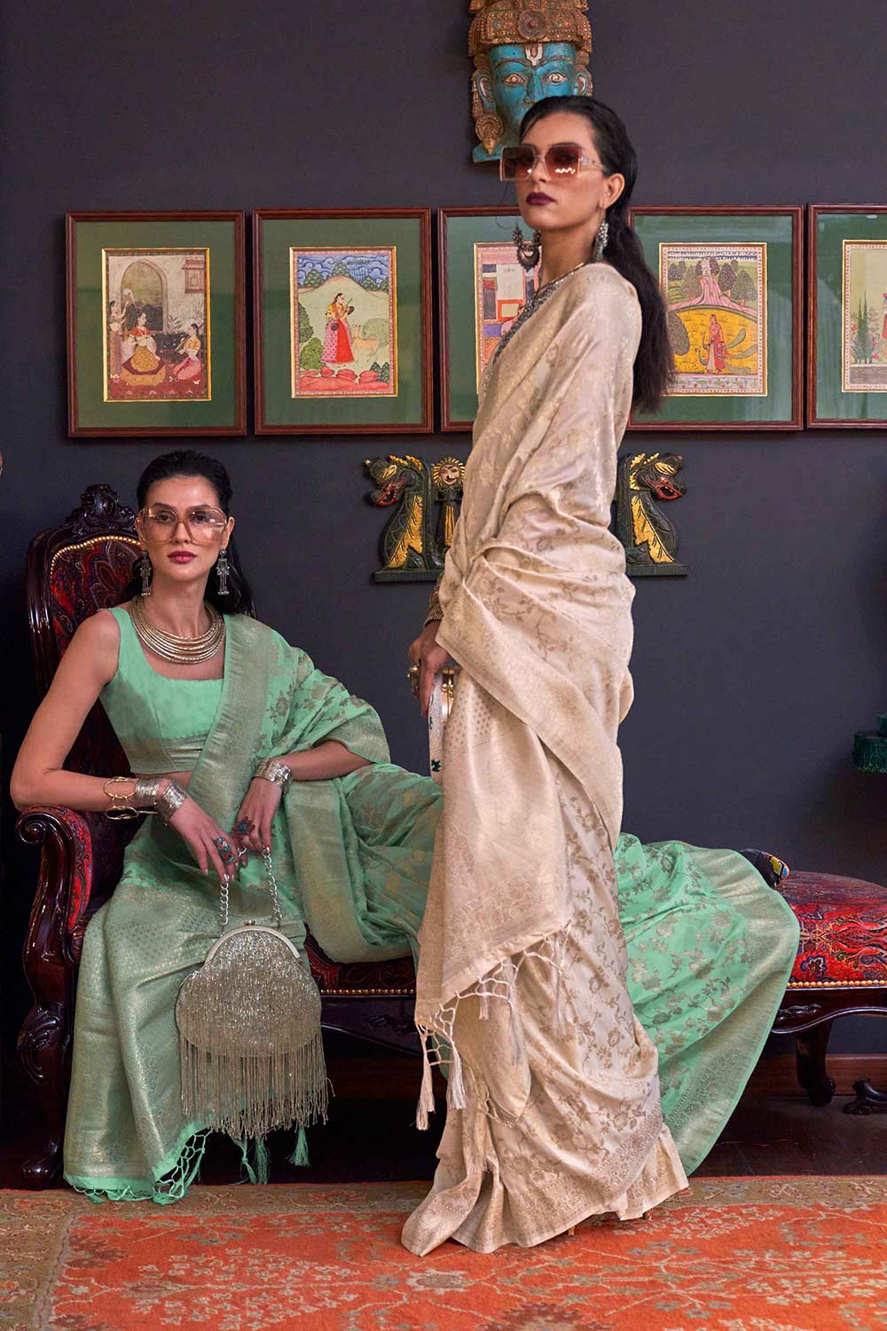 Basma Silk Beige Floral One Minute Saree
