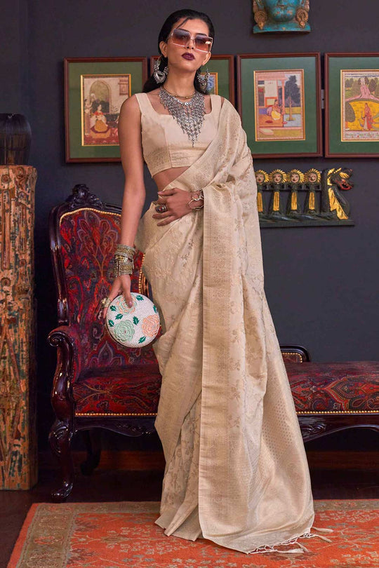 Basma Silk Beige Floral One Minute Saree