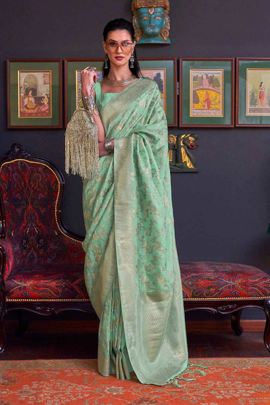 Basma Silk Sea-Green Floral One Minute Saree
