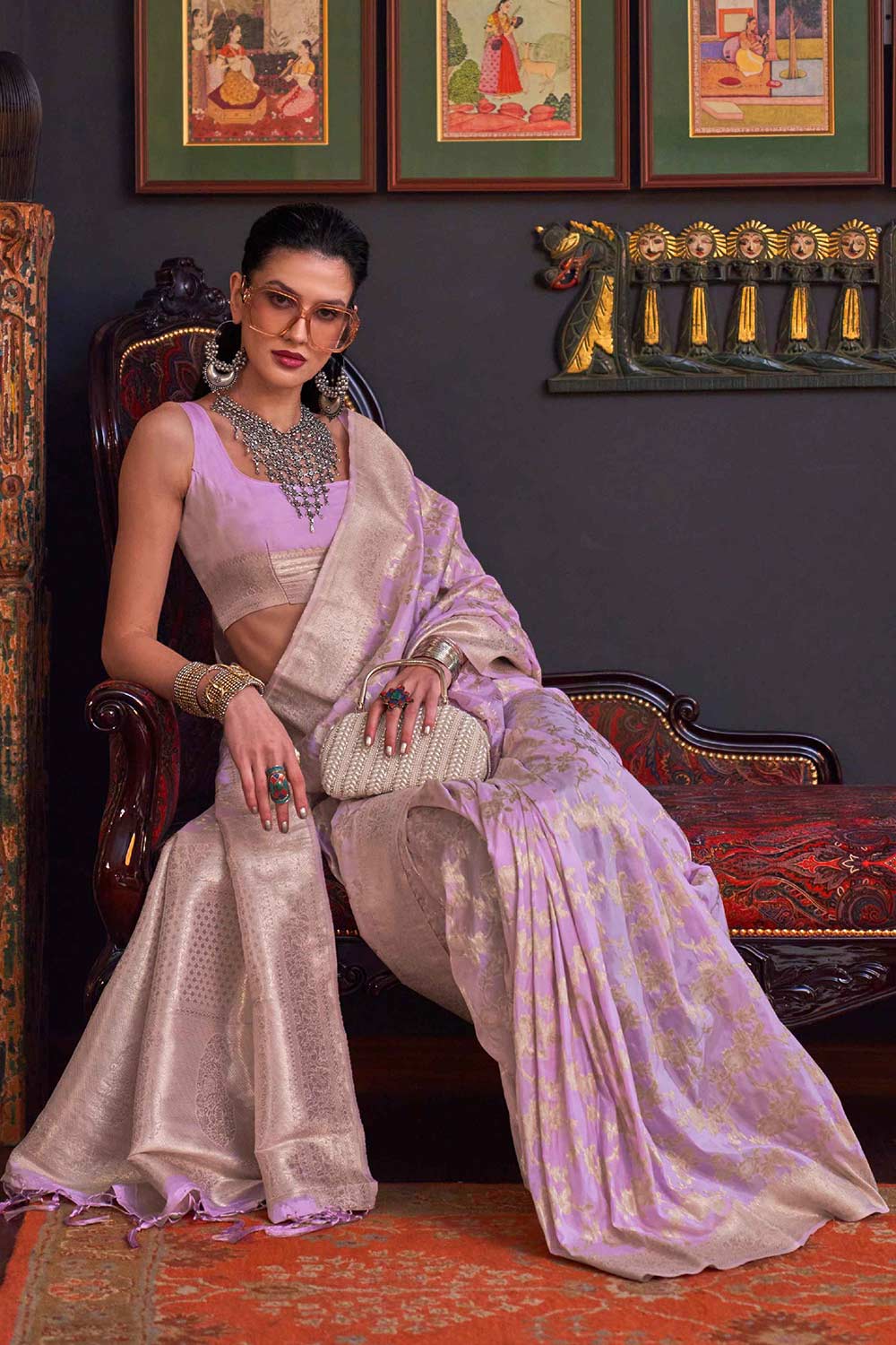 Basma Silk Lavender Floral One Minute Saree