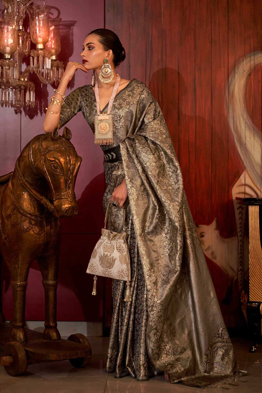 Kalkatti Silk Black Floral One Minute Saree