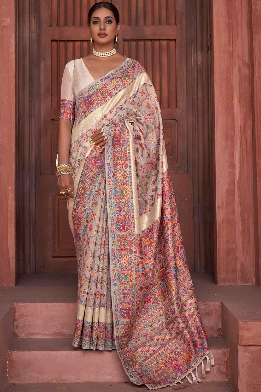 Marisa Cream Pashmina Silk Printed One Minute Saree