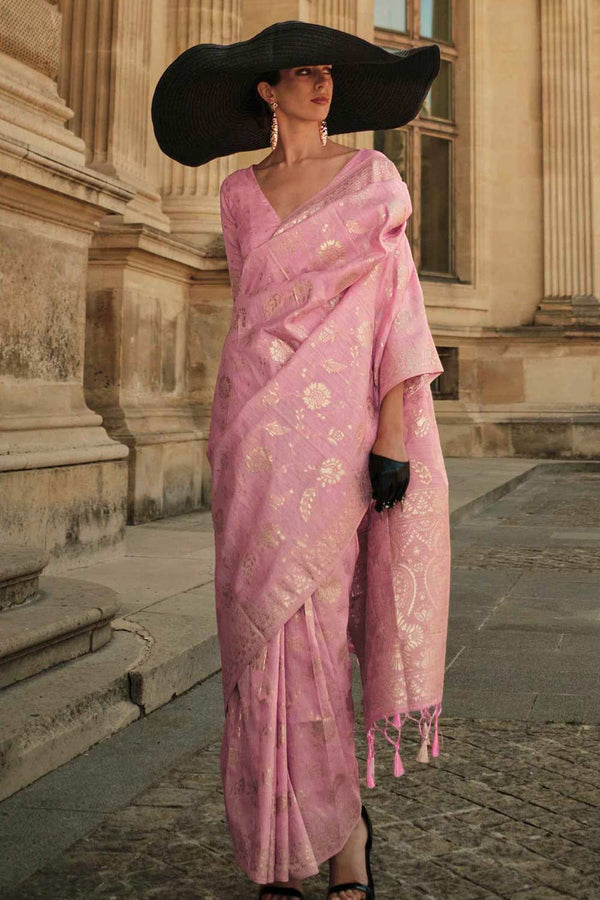 Kasia Silk Pink Floral Foil Print One Minute Saree