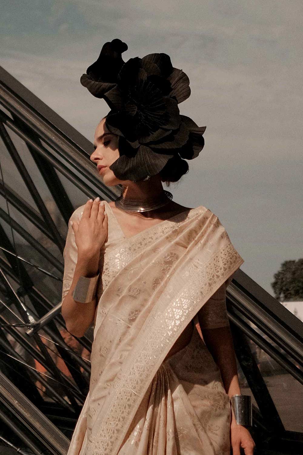 Kasia Silk Beige Floral One Minute Saree