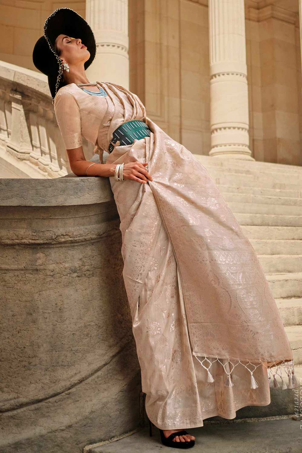 Kasia Silk Beige Floral One Minute Saree