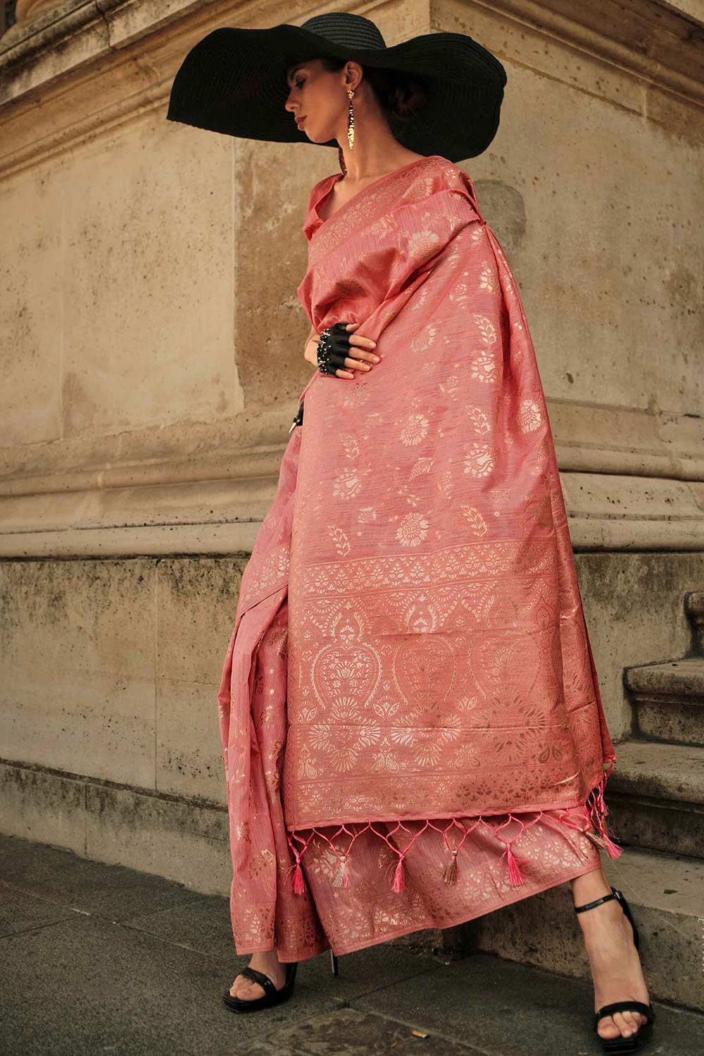 Buy Kasia Silk Pink Floral One Minute Saree Online ONE MINUTE SAREE Buy kasia silk pink floral one minute saree online one minute saree