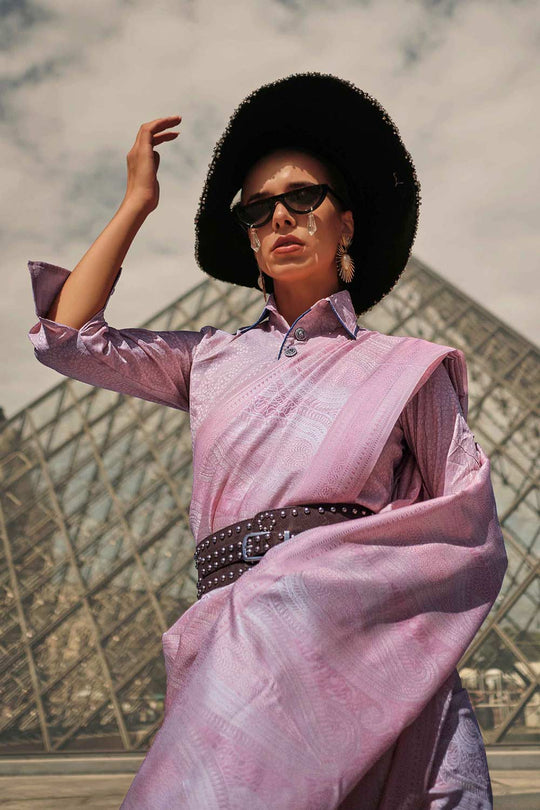 Kaya Silk Lavender Block Print One Minute Saree