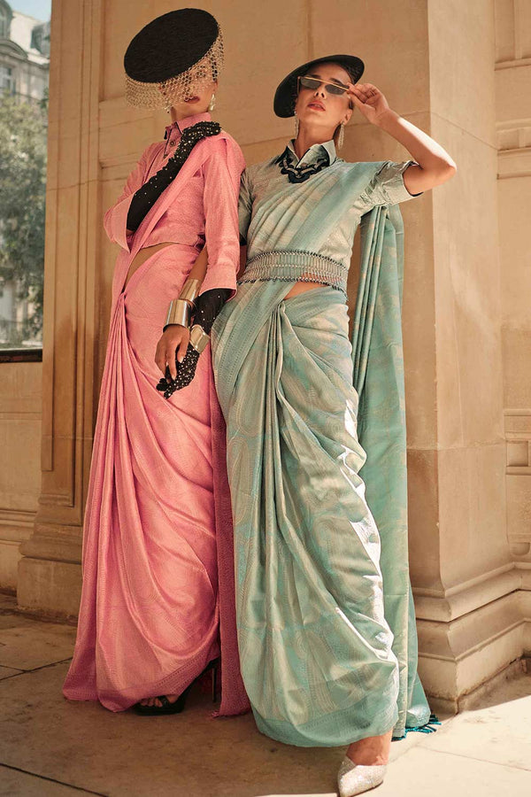 Kaya Silk Sea-Blue Block Print One Minute Saree