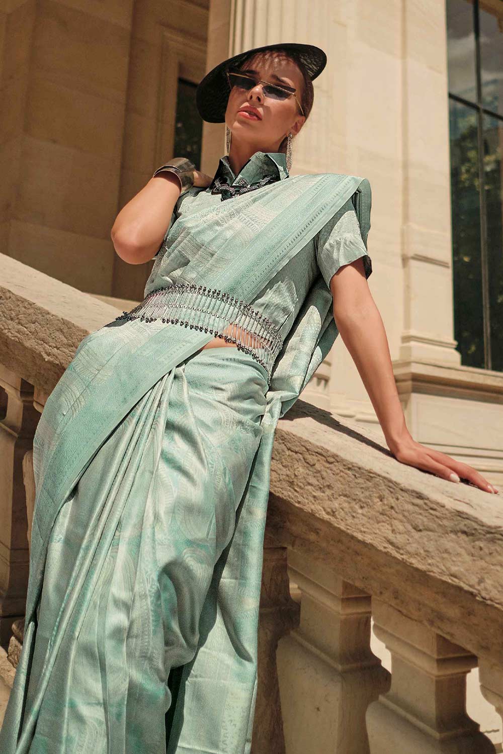 Kaya Silk Sea-Blue Block Print One Minute Saree