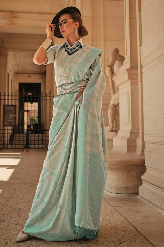 Kaya Silk Sea-Blue Block Print One Minute Saree
