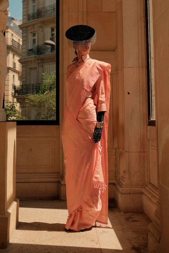 Kaya Silk Peach Block Print One Minute Saree