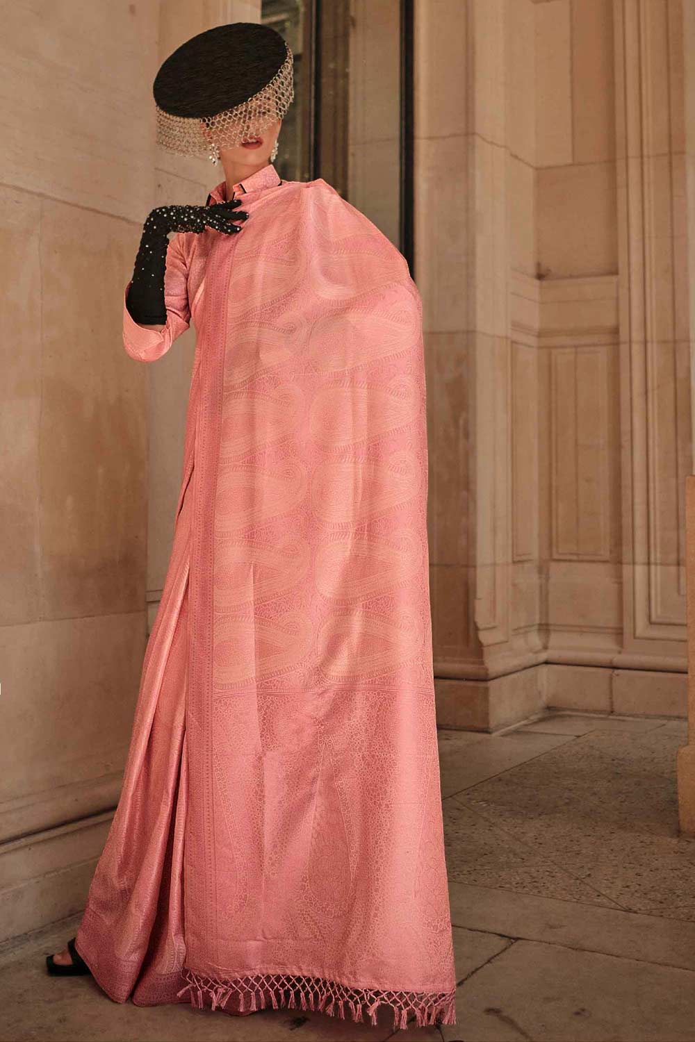 Kaya Silk Peach Block Print One Minute Saree