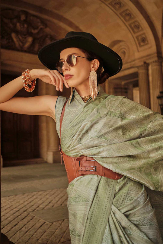 Kaya Silk Green Block Print One Minute Saree