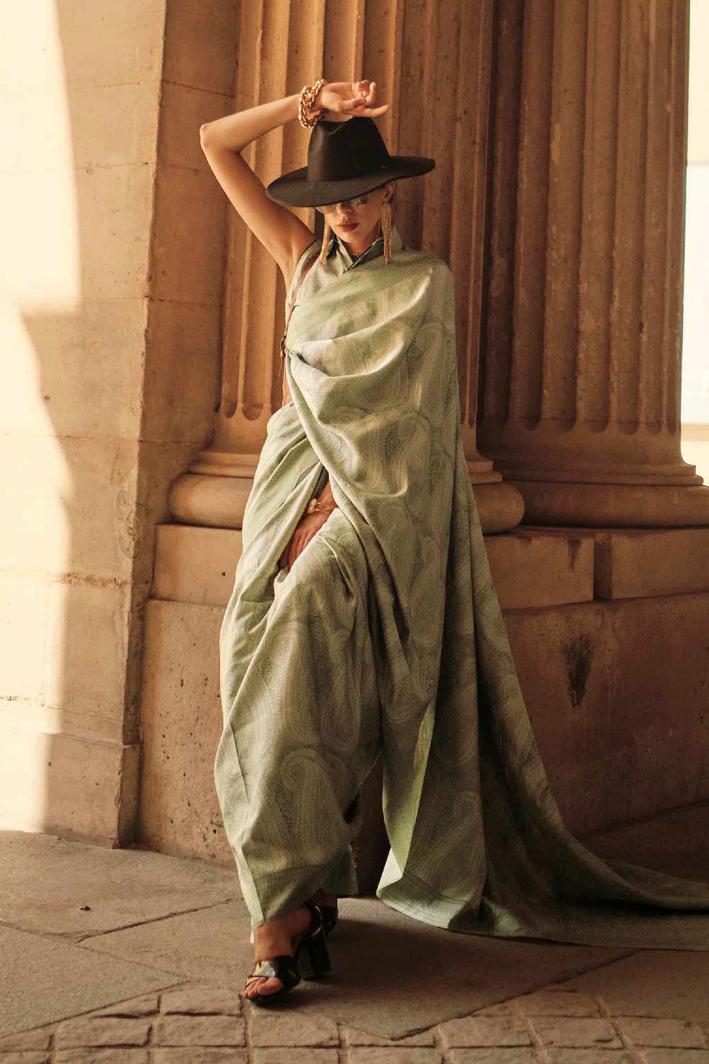 Kaya Silk Green Block Print One Minute Saree