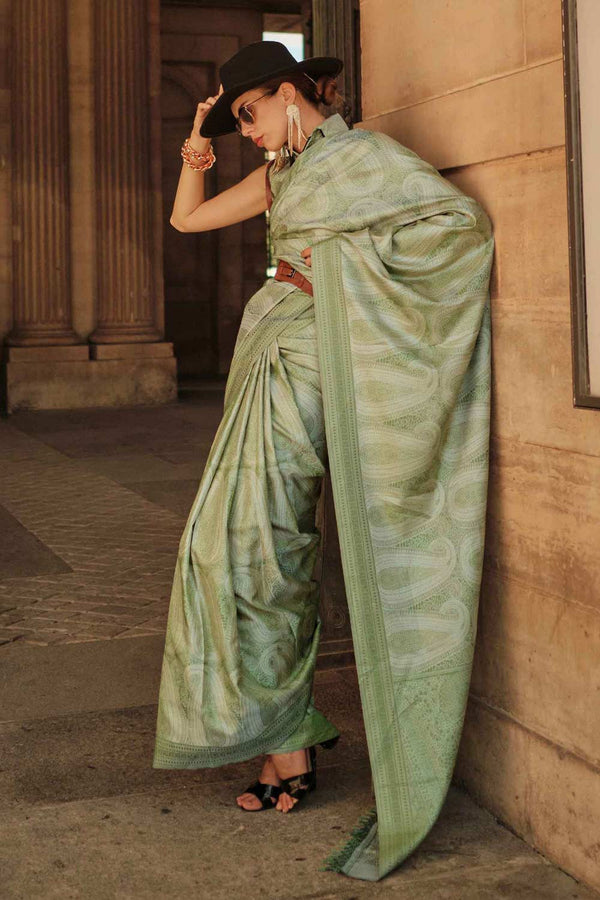 Kaya Silk Green Block Print One Minute Saree