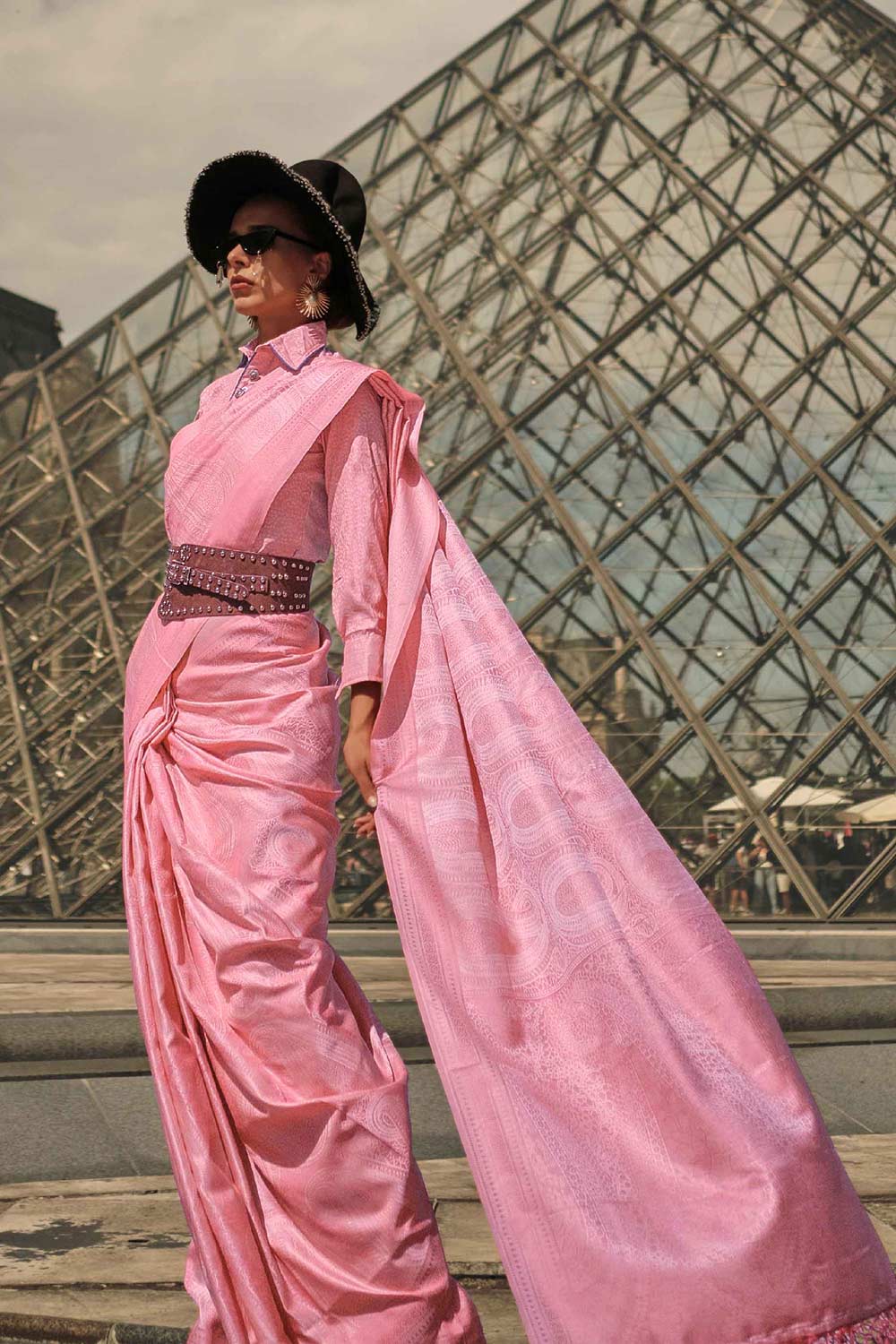 Kaya Silk Pink Block Print One Minute Saree