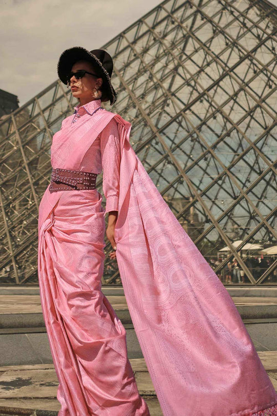 Kaya Silk Pink Block Print One Minute Saree