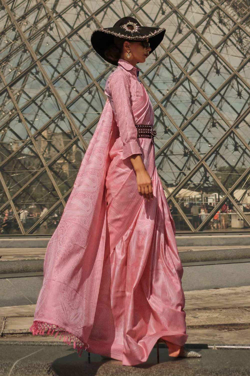 Kaya Silk Pink Block Print One Minute Saree