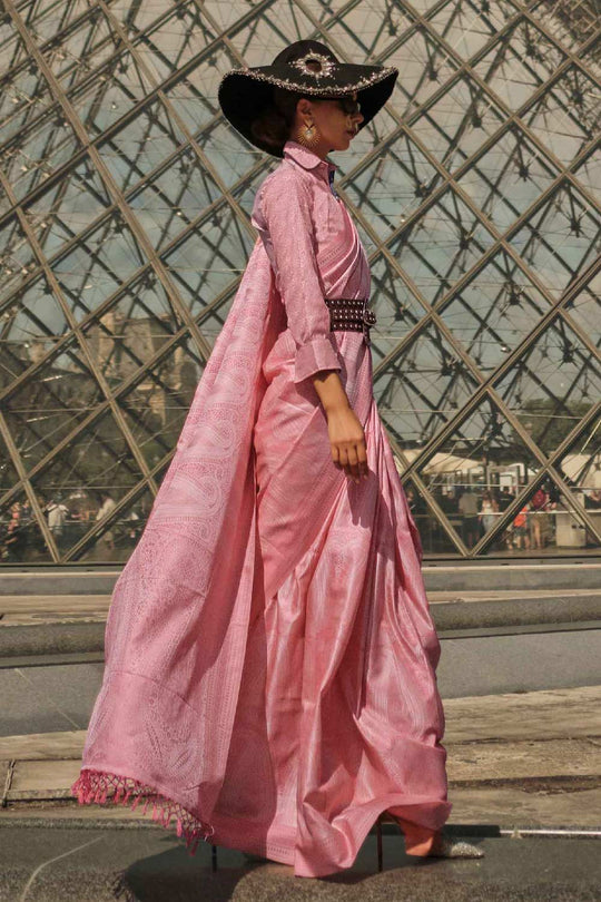 Kaya Silk Pink Block Print One Minute Saree