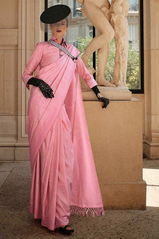 Kaya Silk Pink Block Print One Minute Saree