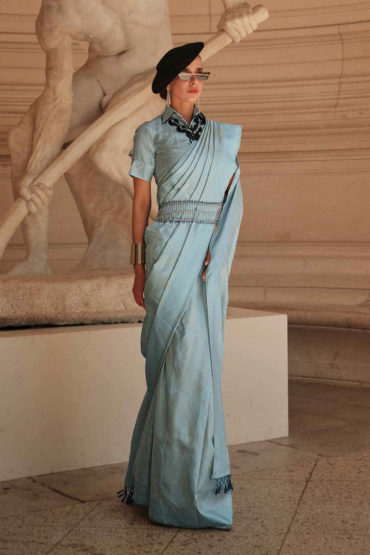 Kaya Silk Sky Block Print One Minute Saree