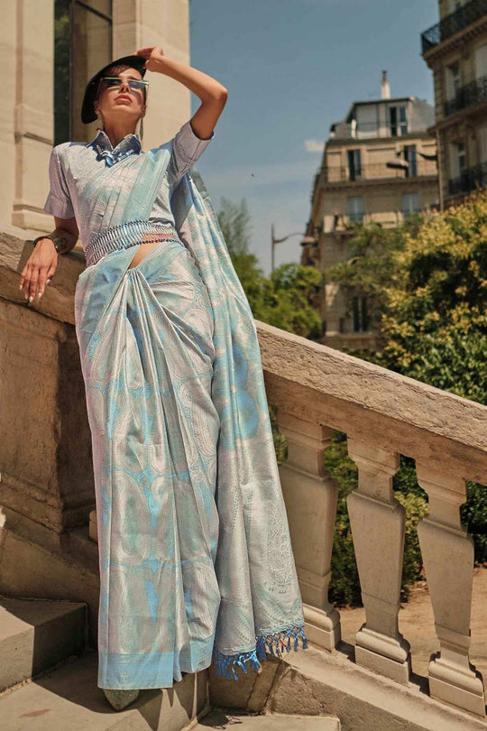 Kaya Silk Sky Block Print One Minute Saree