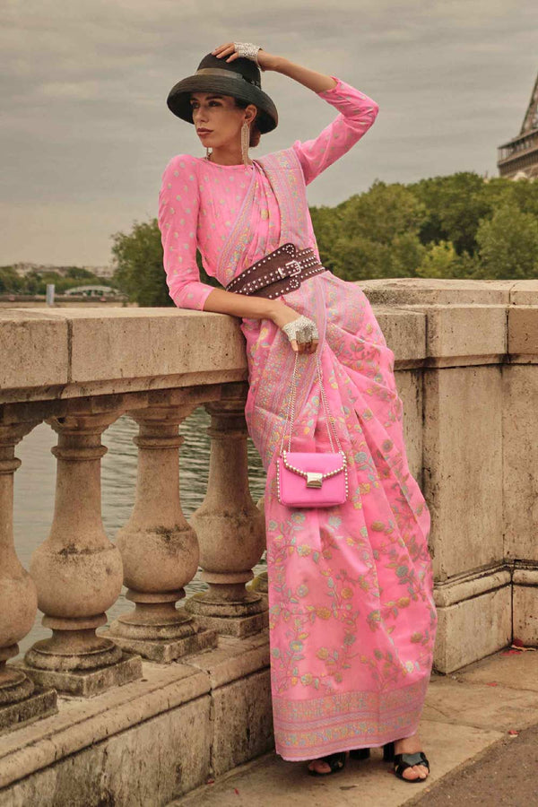 Kyra Organza Pink Floral Pattern One Minute Saree