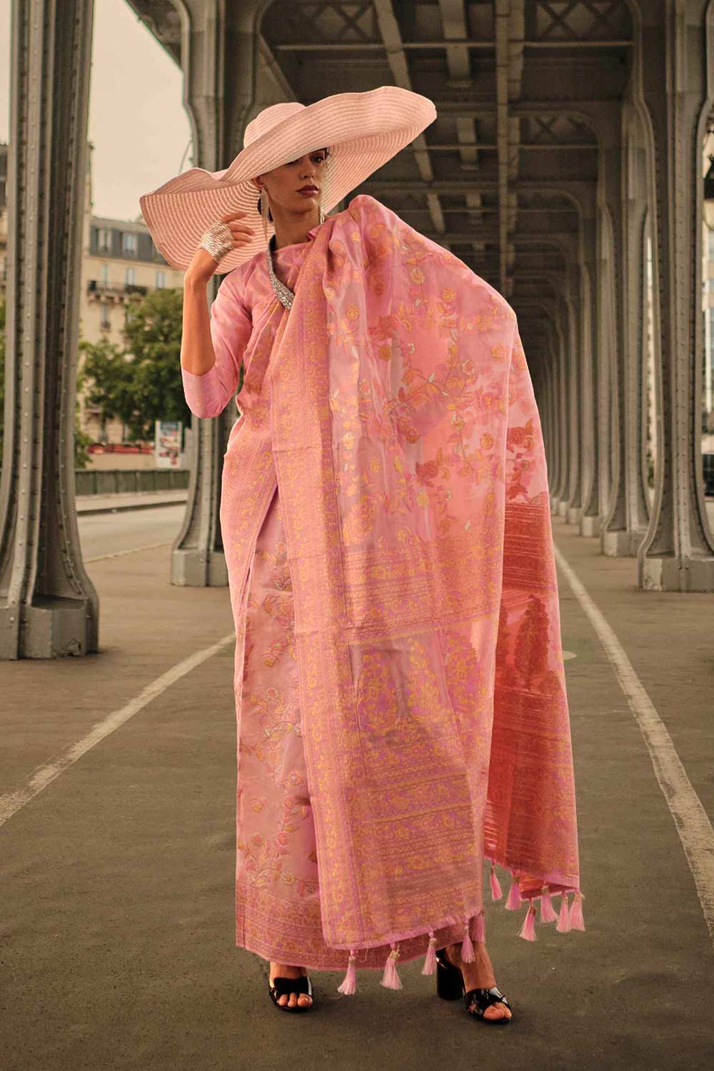 Buy kyra silk embroidered pink floral one minute saree online one