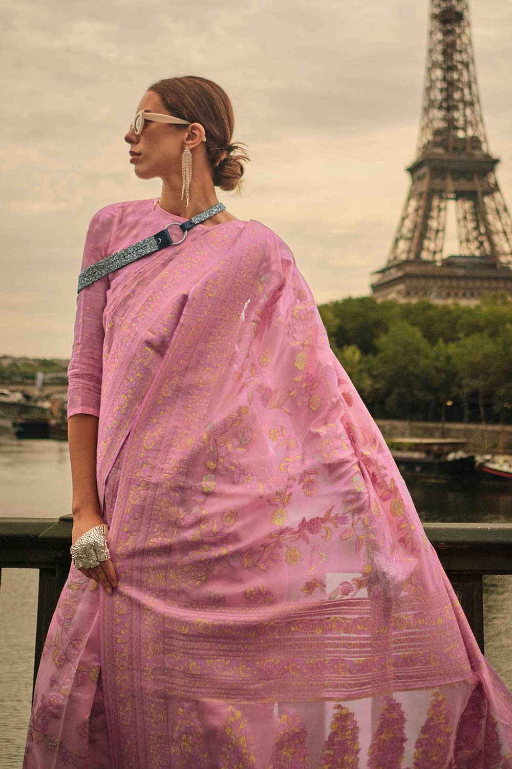 Kyra Organza Pink Floral One Minute Saree